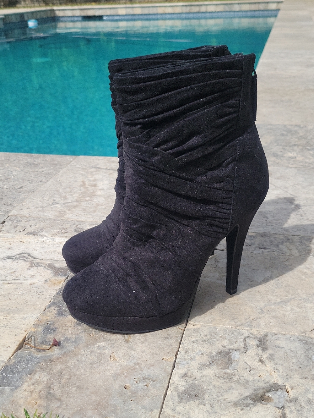 Velvet Feel High Ankle Heeled Boots With Amazing Ruched Look & Zipper Back 7